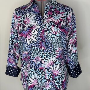 Foxcroft Shirt Womens 14 Multicolor Floral Button Up 3/4 Sleeve Wrinkle Free